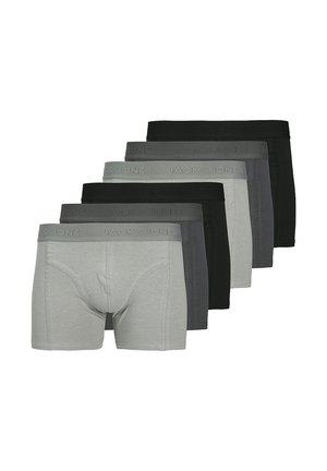 Fünf Paare Herren-Boxershorts in Grau und Schwarz. Weicher Baumwollstoff, mittellanges Design, elastischer Bund mit "JACK & JONES"-Logo.