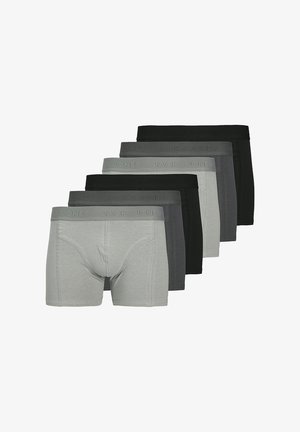 Cinque paia di boxer da uomo in grigio e nero. Tessuto di cotone morbido, design di lunghezza media, cintura elastica con il logo "JACK & JONES".