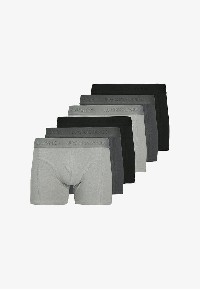 Five pairs of men's boxer shorts in gray and black. Soft cotton fabric, mid-length design, elastic waistband with "JACK & JONES" logo.