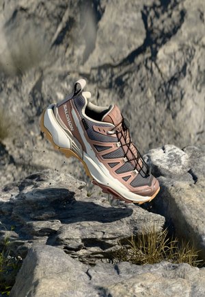 Buty do biegania po szlaku z szarą i brązową siateczką, gumową podeszwą i systemem szybkiego sznurowania, unoszące się w powietrzu nad kamienistym terenem.