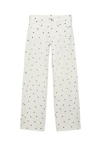 Pantalon blanc à jambes droites avec pois noirs, bouton et fermeture éclair à l'avant, et style cinq poches.