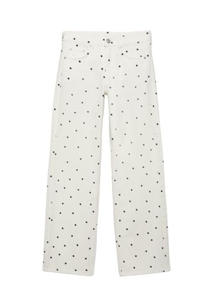 Fehér, egyenes szárú nadrág fekete pöttyökkel, elöl gombos és cipzáras, öt zsebes kialakítással.
