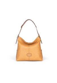 Ruskea nahkainen olkalaukku, jossa on kaareva siluetti, päättystikkaukset ja logotunnistus. Varustettu yhdellä säädettävällä hihnalla.