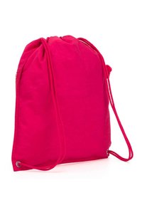 Bolso de tela de color rosa brillante con cordón, que presenta una textura suave y un diseño sencillo, con ojales reforzados para las correas.
