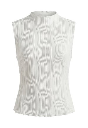 Wit mouwloos topje met hoge halslijn en gestructureerd verticaal golvend geribbeld patroon op de stof, aangesloten silhouet.
