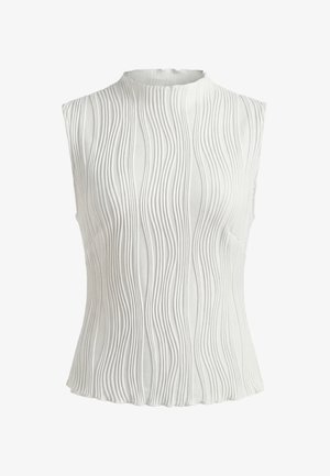 Valge varrukateta top kõrge kaelusega ja tekstiilil vertikaalne laineline soonikmuster, keha järgija siluett.