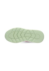 Green rubber shoe sole with a textured design featuring geometric patterns and ridges, providing traction and stability.