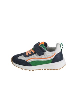 Children’s sneaker with navy, white, green, and orange accents, featuring mesh fabric, hook-and-loop strap, and rubber sole with tread.