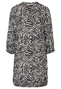Zebra-print dress featuring a soft fabric, three-quarter sleeves, a V-neckline, and a relaxed fit with side gatherings. Black and white colors dominate.
