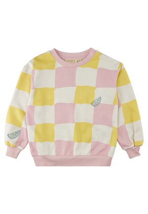 Børne-sweatshirt med lange ærmer i ternet mønster med pink, gul og hvid og lille citronbåd broderet på bryst og ærme.