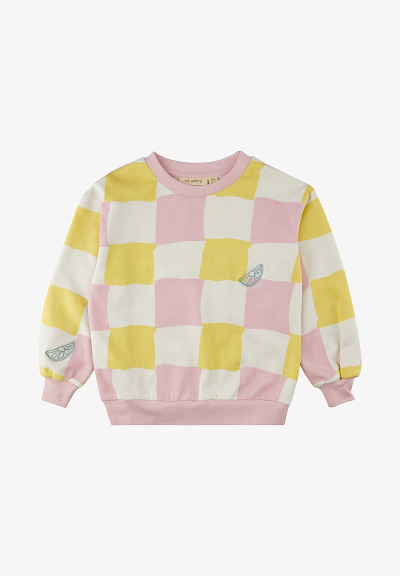 Sweat-shirt à manches longues pour enfants avec un motif à carreaux rose, jaune et blanc, et une petite broderie de tranche de citron sur la poitrine et la manche.