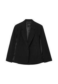 Blazer nero con un design su misura, chiusura a singolo bottone, rever a punta e fodera in raso. Presenta tasche laterali e una texture liscia.