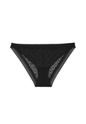 Slip in pizzo nero con intricati motivi floreali, bordi scallopati e un pannello centrale liscio e opaco. Progettato per un fit confortevole.