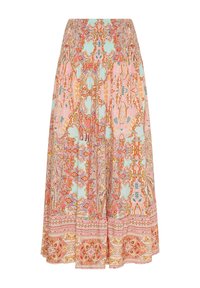 Maxiskirt med en smocket talje, blomster paisley mønster i pastel rosa, blå og orange, med et tiered design og kontrasterende kant.