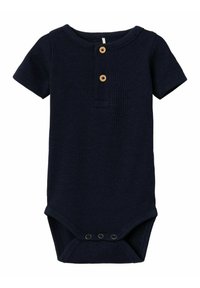 Tmavomodrý rebrovaný bodysuit s krátkymi rukávmi, ktorý má drevené gombíky a patentky na spodnej časti pre jednoduché obliekanie.