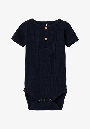 Modra rebrasta bodysuit s kratkimi rokavi, opremljen z lesenimi gumbi in zaponkami na dnu za enostavno oblačenje.