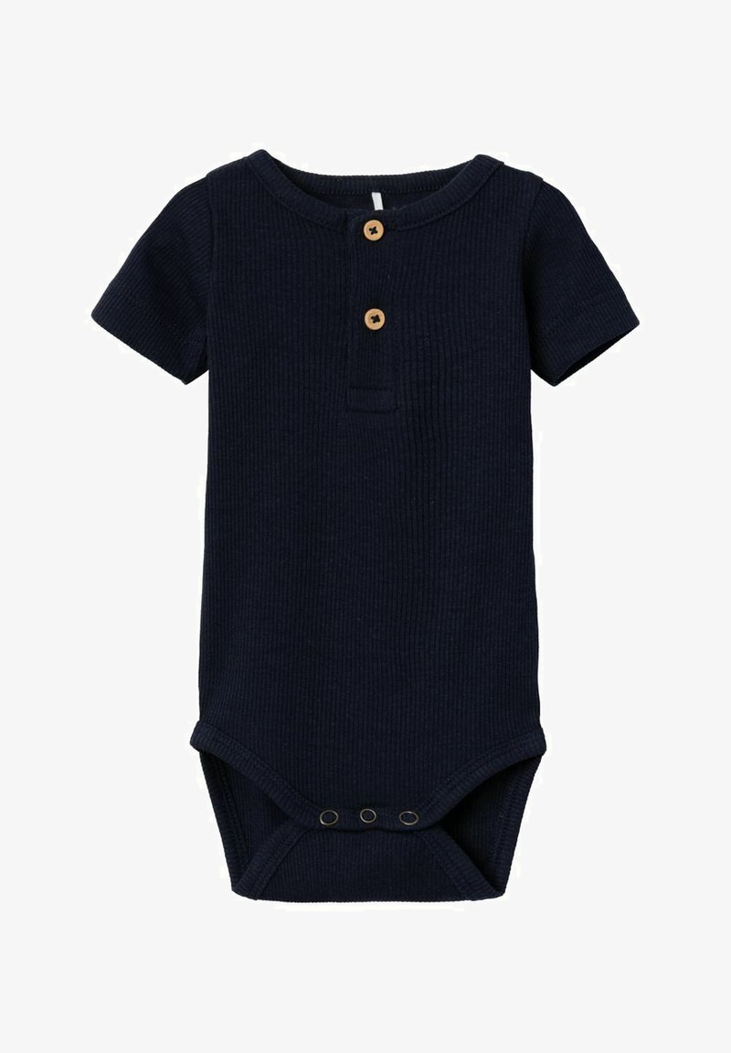 Mörkblå ribbad bodysuit med korta ärmar, med träknappar och tryckknappar i botten för enkel påklädning.