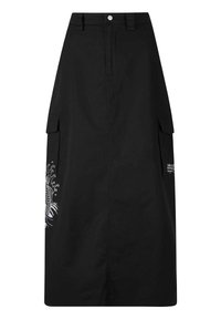 Sort bomuldsnederdel med cargo-lommer. Har et tekstureret design og hvid broderet detalje på siden. Lukkes med en knap.