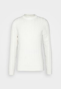 Biały sweter w splot warkoczowy z okrągłym dekoltem, długimi rękawami i ściągaczami przy mankietach. Teksturowany wzór i miękka tkanina tworzą przytulny wygląd.