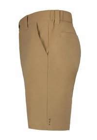 Beige Shorts aus leichtem Material mit flachem Bund, seitlichen Taschen, einer Gesäßtasche und einem nahe dem Saum aufgedruckten Logo.