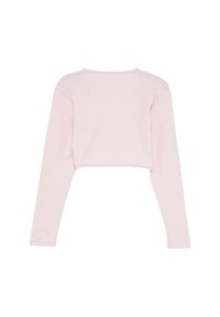 Helles, rosa, kurz geschnittenes Langarmoberteil mit rundem Ausschnitt. Aus weichem, elastischem Stoff gefertigt. Einfaches Design, keine sichtbaren Muster oder Akzente.