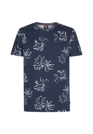 Tricou cu mânecă scurtă, culoare albastru închis, cu modele abstracte florale albe distribuite uniform pe material.