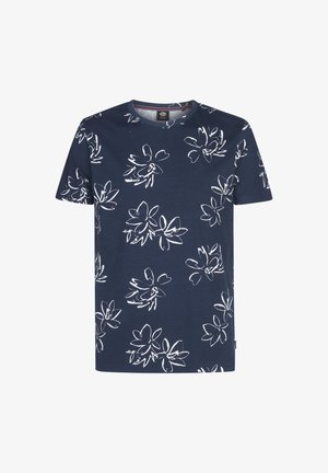 Tricou cu mânecă scurtă, culoare albastru închis, cu modele abstracte florale albe distribuite uniform pe material.