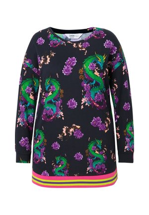 Long-sleeve sweatshirt in black fabric featuring green dragons and purple flowers, with a striped pink and yellow hem.