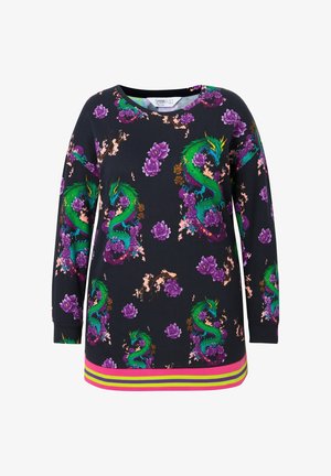 Long-sleeve sweatshirt in black fabric featuring green dragons and purple flowers, with a striped pink and yellow hem.