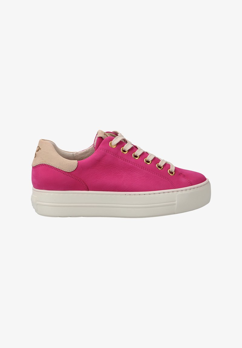 Pink leather sneaker with beige accents, gold eyelets, and textured surface. Features white rubber sole and round toe design.