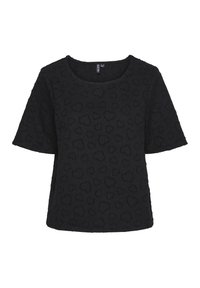 Black short-sleeve textured top with round neckline and subtle raised heart pattern throughout the fabric.