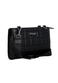 Borsa a tracolla nera rettangolare trapuntata con tracolla regolabile e ganci metallici, dotata di patch con il logo "remonte Since 1876".