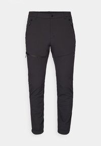 Sorte tekniske bukser med slim fit, elastisk midjebånd, glidelåsede frontlommer og knepaneler for fleksibilitet. Glatt, lett stoff.