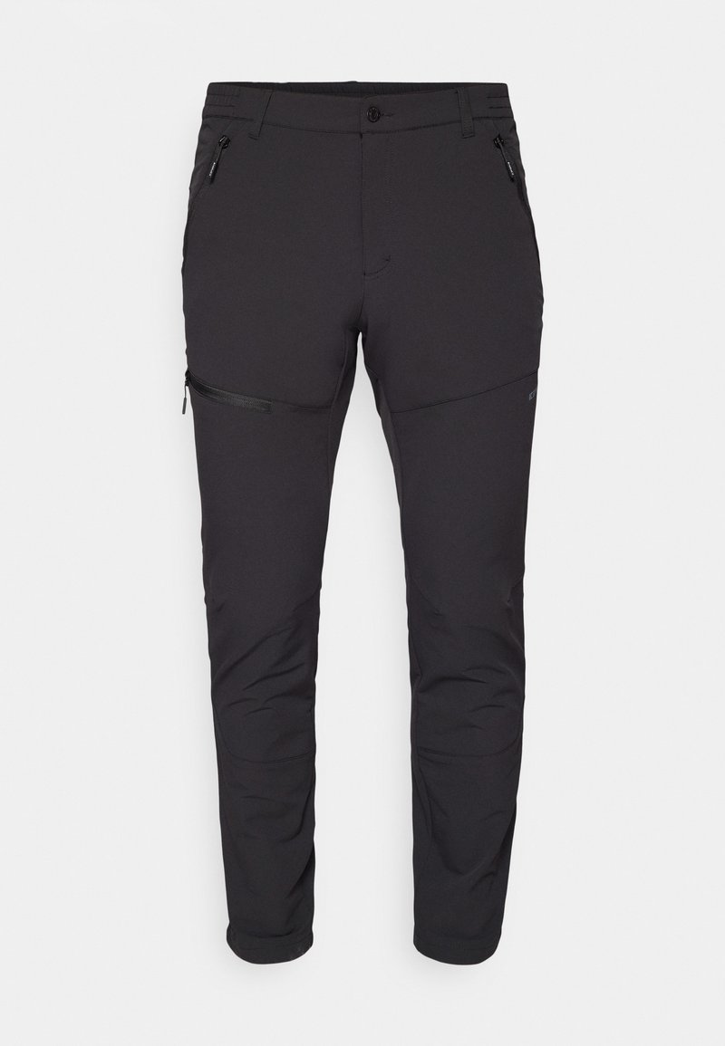 Schwarze technische Hose mit slim-fit Schnitt, elastischem Bund, Reißverschlusstaschen vorne und Kniepaneelen für mehr Flexibilität. Glattes, leichtes Material.