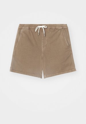Brown cotton shorts with an elastic waistband and white drawstring, featuring two side pockets and a straight cut design.