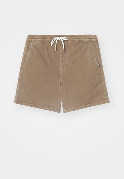 Bruine katoenen shorts met een elastische tailleband en witte koordsluiting, met twee zijzakken en een recht gesneden ontwerp.
