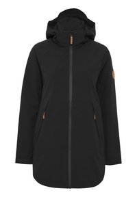 Black waterproof jacket with a high collar, detachable hood, two front pockets, and leather accents on the zippers and logo.