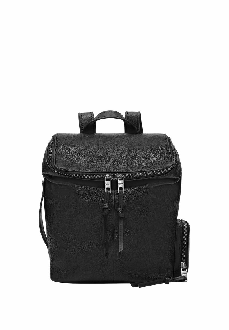 Schwarzer Leder-Rucksack mit strukturiertem Oberflächen, Tragegriff, verstellbaren Riemen und doppeltem Reißverschluss. Die Seitentasche hat einen zusätzlichen Reißverschluss.