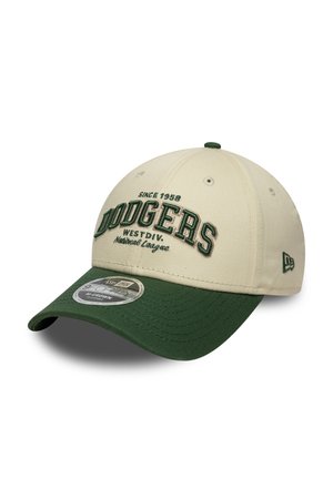 Baseball cap with a beige crown and green visor. Features embroidered "Dodgers" text, "Since 1958," and logo patch on the side.