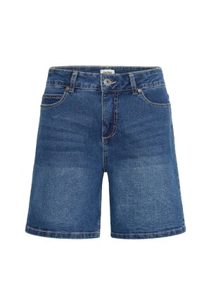 Blå denimshorts med knapper foran, lynlås, bæltestropper og lommer, vist på en hvid baggrund.