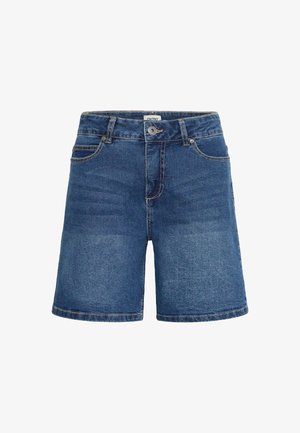 Modré džínové šortky s předním zapínáním na knoflíky, zipem, poutky na opasek a kapsami, zobrazené na bílém pozadí.