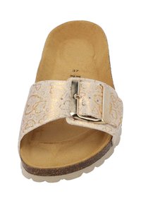 Infradito aperti con una fascia beige texturizzata e accenti dorati. Sottopiede in sughero, suola leggera con un leggero motivo antiscivolo. Taglia 37.