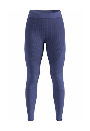 Purple leggings with a textured pattern, featuring a high waistband and fitted silhouette, designed for athletic wear.