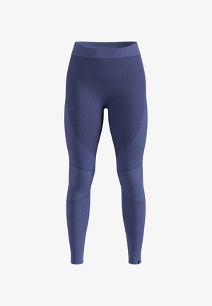 Purple leggings with a textured pattern, featuring a high waistband and fitted silhouette, designed for athletic wear.