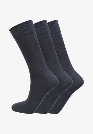 Drie paar donkerblauwe sokken, gebreide stof, crewlengte, versterkte hielen, gladde textuur, met ribgebreide boorden en naadloos te ontwerp.