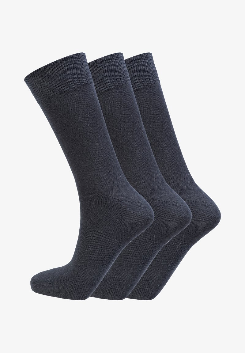 Drie paar donkerblauwe sokken, gebreide stof, crewlengte, versterkte hielen, gladde textuur, met ribgebreide boorden en naadloos te ontwerp.