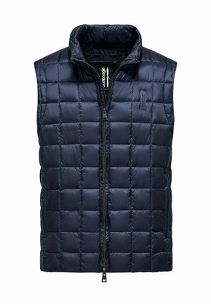 Quilted navy blue vest with a high collar, front zipper, and a smooth, shiny texture. Features square patterns and no sleeves.