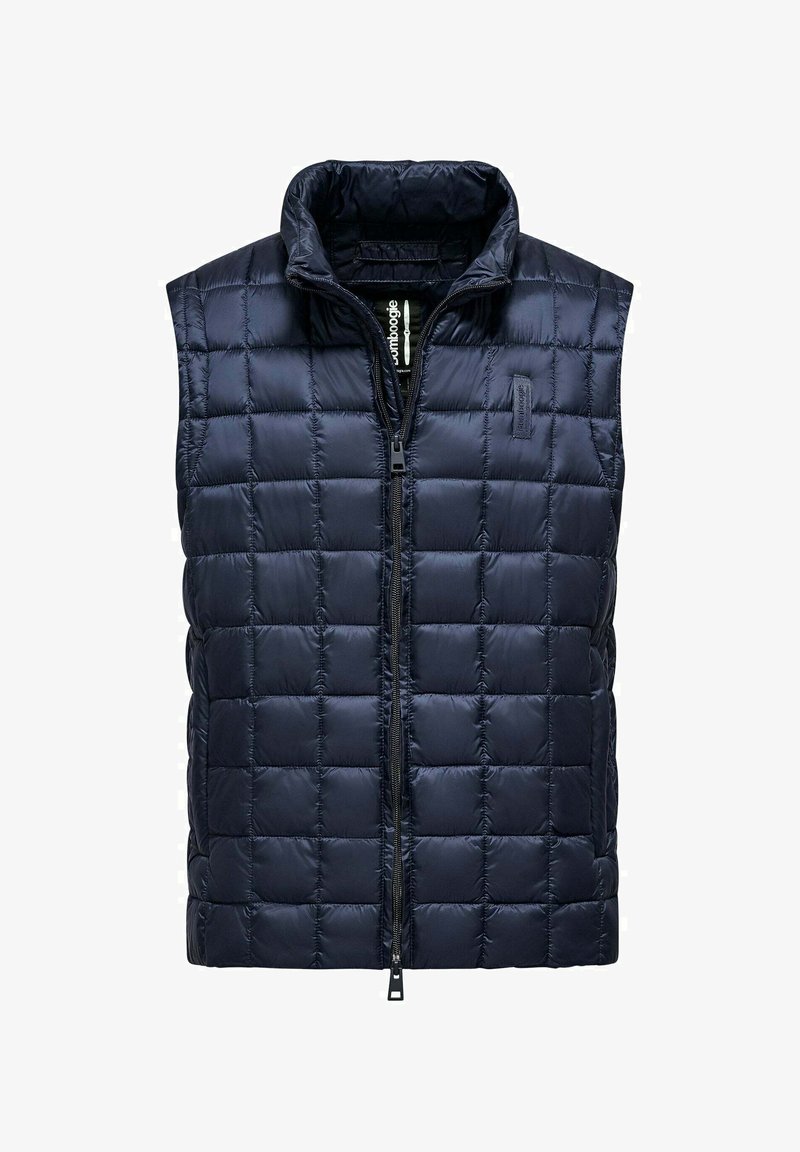 Gilet trapuntato blu navy con colletto alto, zip frontale e una consistenza liscia e lucida. Presenta un motivo a quadrati e non ha maniche.