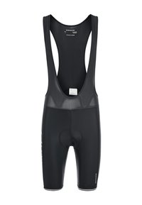 Czarne szorty kolarskie z trykotowego materiału, z siateczkową górną częścią, wyściełanym siedziskiem i dyskretnymi białymi akcentami z logo.