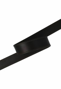 Schwarzer Ledergürtel mit glatter Textur. Verfügt über ein breites Band und kontrastfarbige Nähte entlang der Kanten. Einfaches, minimalistisches Design.